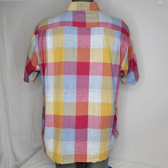 Orvis Chambray Shirt XL Red Blue Yellow Patch Plaid Men's Colorful Casual Pocket - Picture 2 of 8
